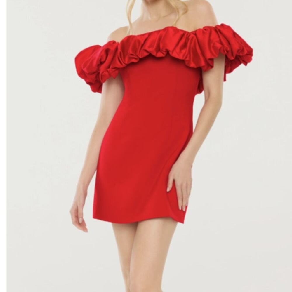 LIKELY x REVOLVE Ina Ruffle Red Off The Shoulder Ruffle Mini Dress Sz 6 / Small